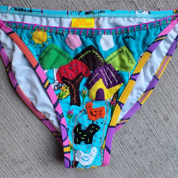 AGUA BENDITA Beaded Embellished Adjustable Side Tie Bikini Swimsuit Bottoms L - Picture 3 of 9